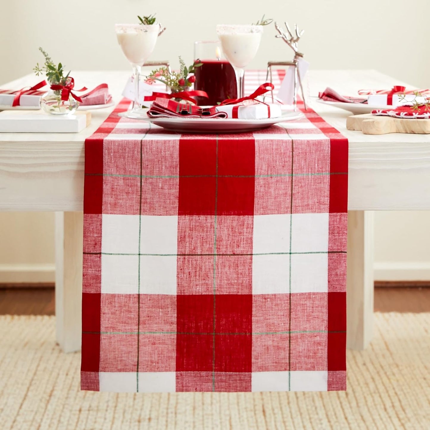 Very Merry Tartan Plaid Table Runner - 100% Pure Linen 48 in
