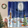 Christmas Shower Curtain Blue Winter Santa Snowman Tree - Festive