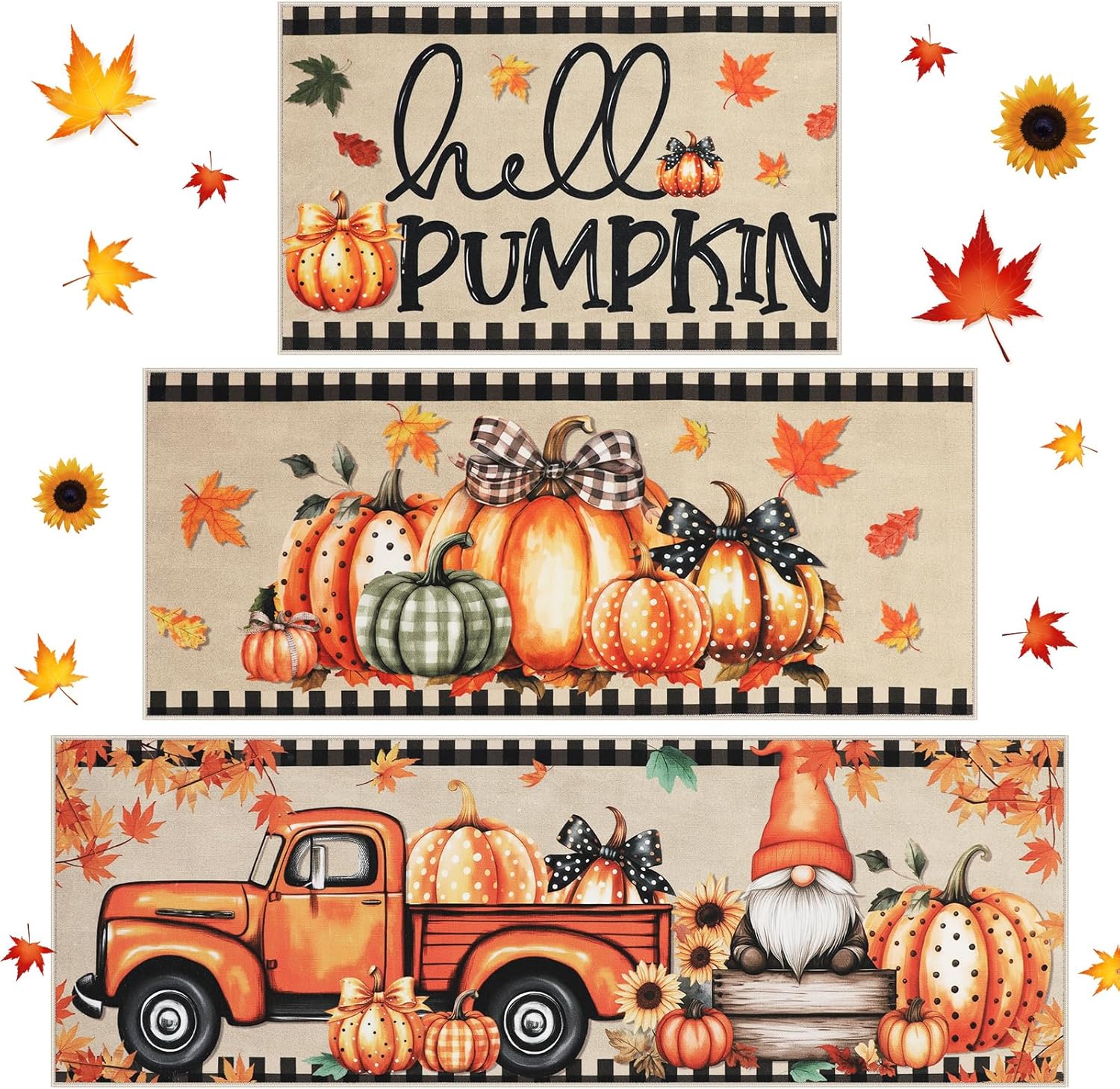Fall Kitchen Mats for Floor 3PC Set with Pumpkin Design