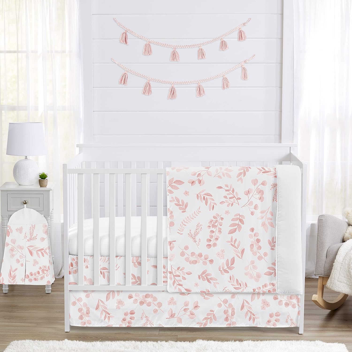 Blush Pink and White Floral Leaf Baby Girl Nursery Bedding Set