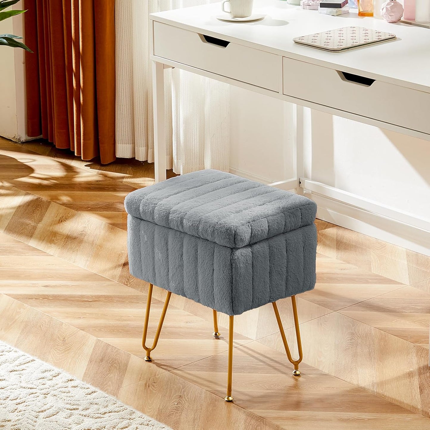 Faux Fur Vanity Stool Chair with Hidden Storage for Makeup