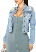 Denim Jacket for Women Spring Long Sleeve Classic Distressed