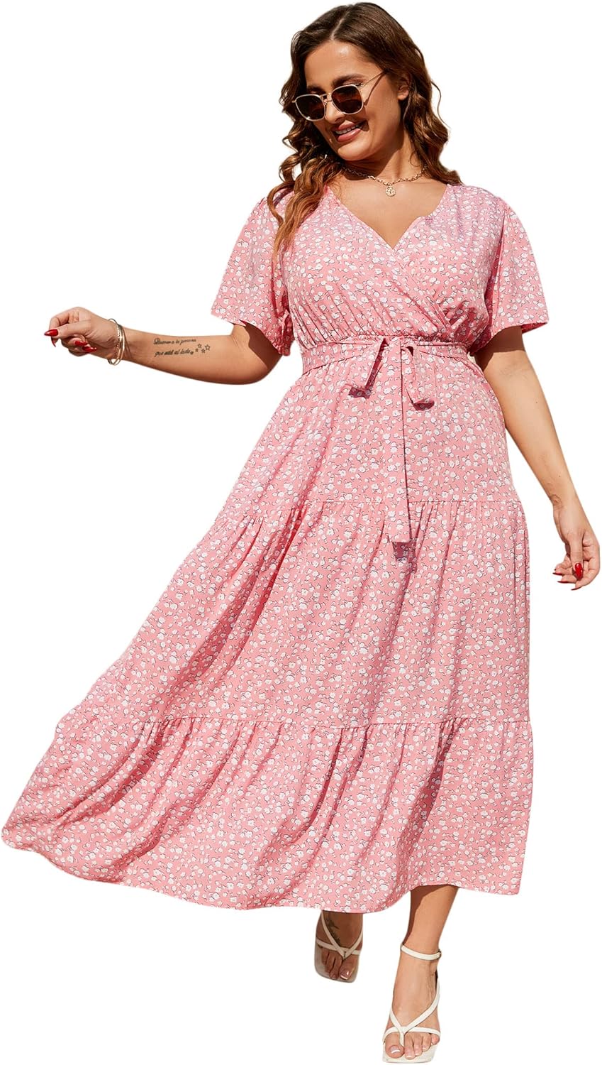Plus Size V Neck Wrap Maxi Dress for Women by KOJOOIN