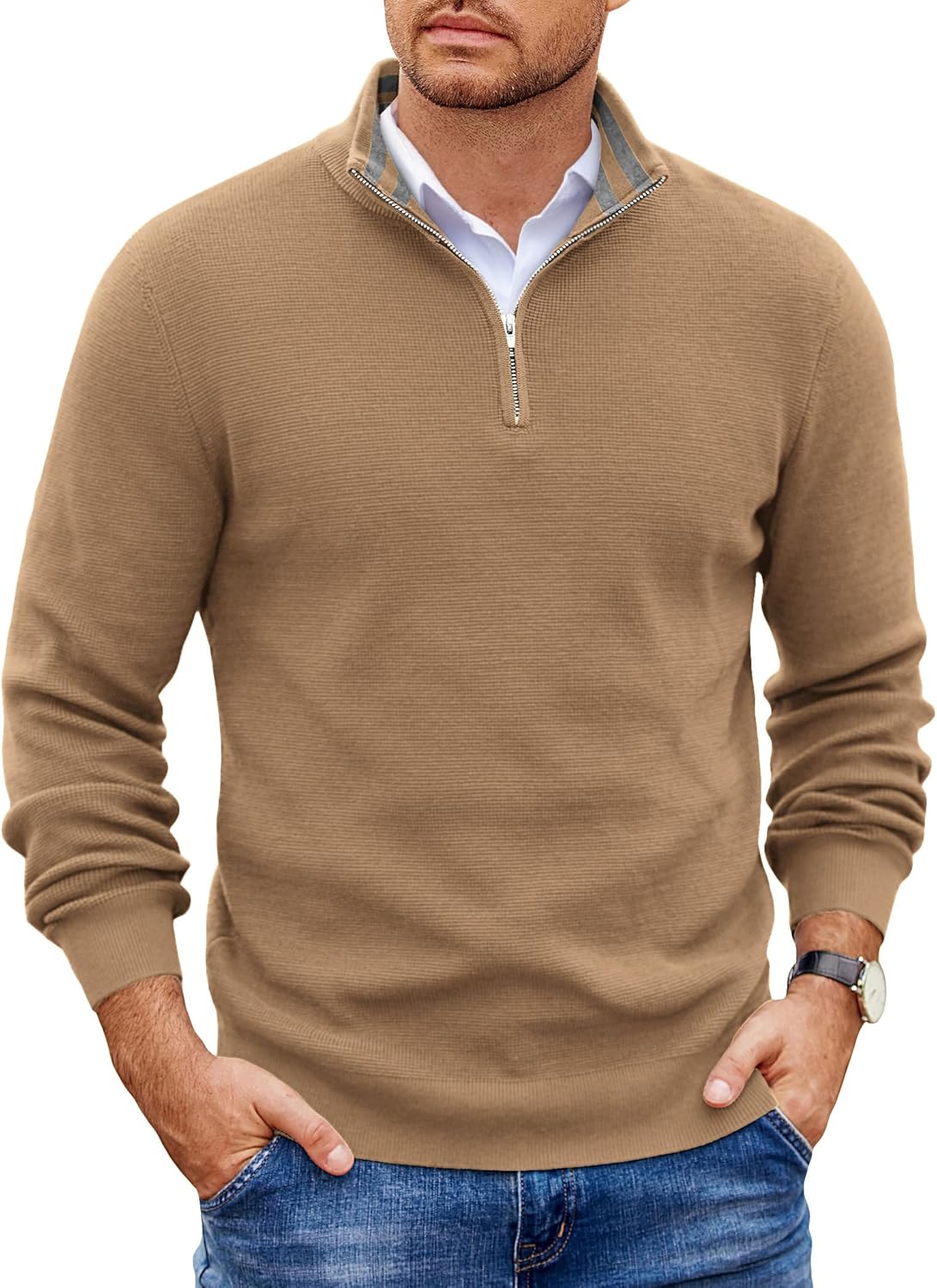 COOFANDY Mens Quarter Zip Pullover Lightweight Knit Sweater