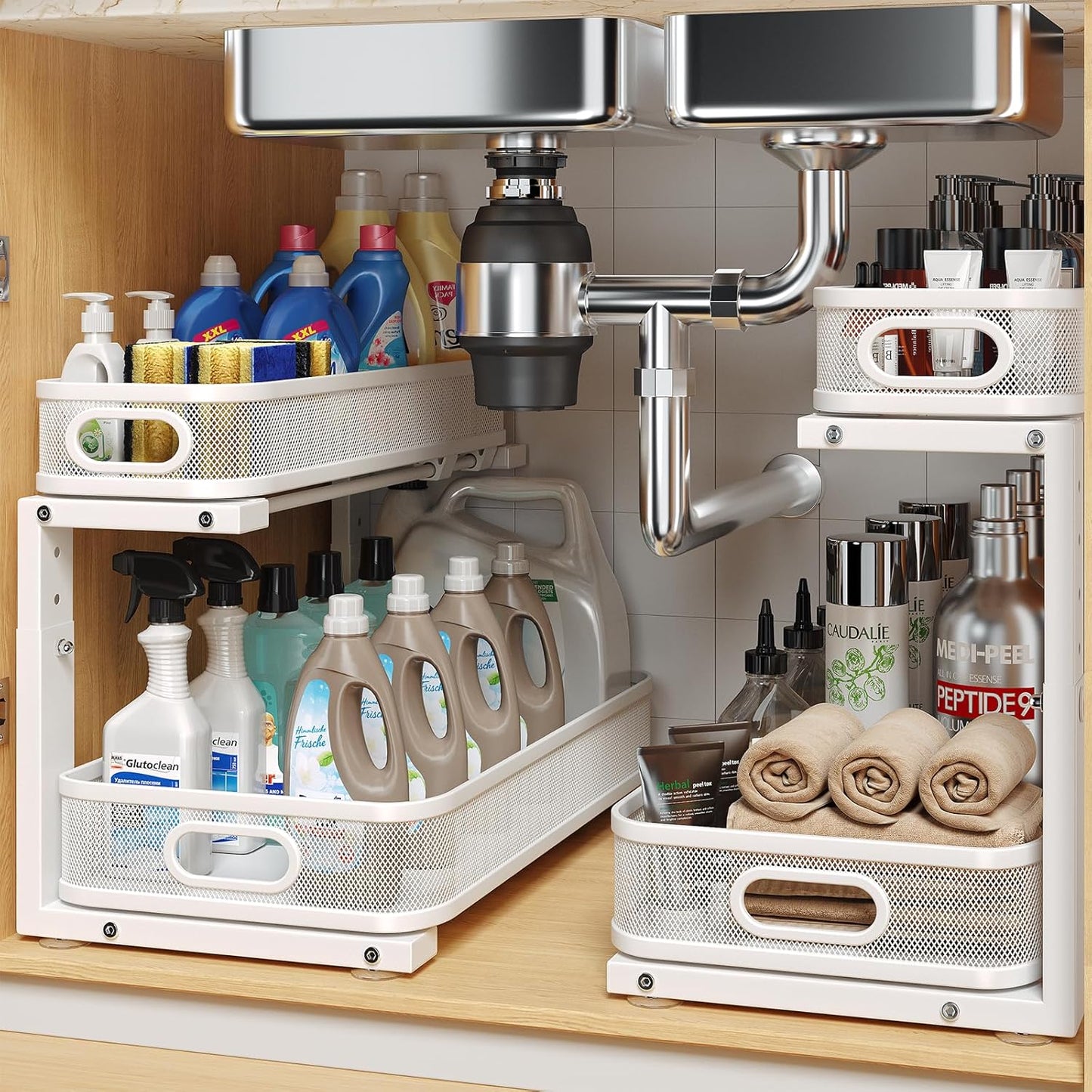 2 Pack 17.3IN Under Sink Organizer with Smooth Cylindrical Rails