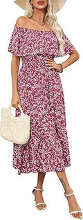 Women's 2024 Spring Summer Boho Off Shoulder Midi Dress Floral