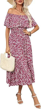 Women's 2024 Spring Summer Boho Off Shoulder Midi Dress Floral