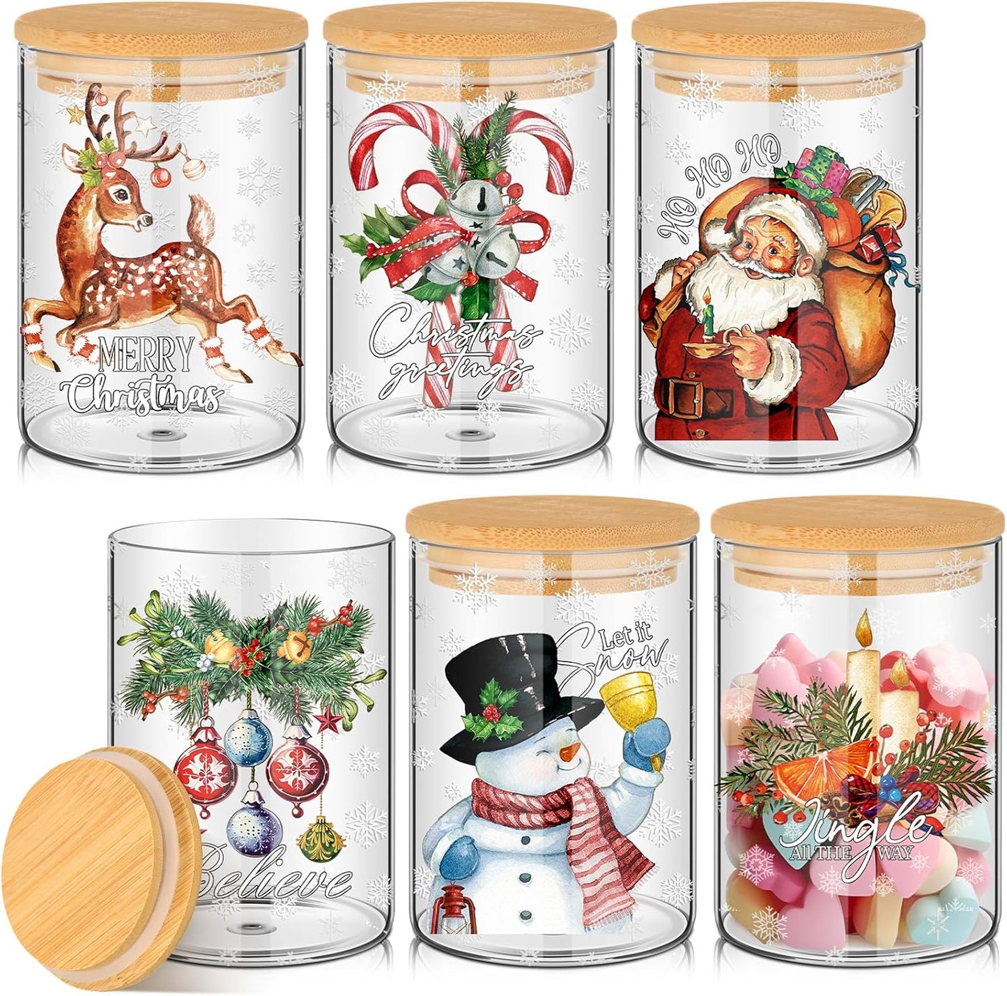 Christmas Glass Storage Jar Set with Airtight Bamboo Lid - 6 Pcs