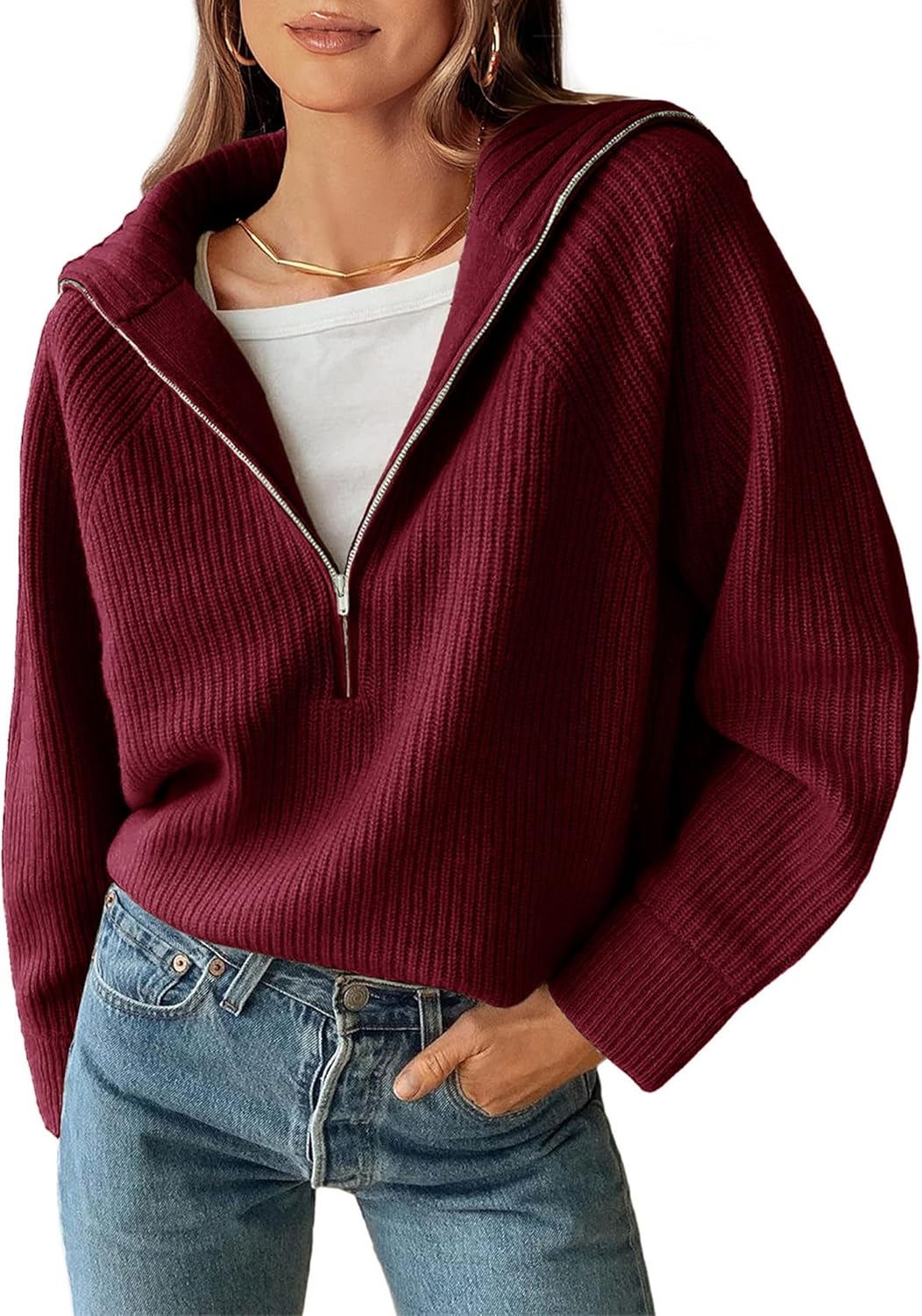 Stylish BTFBM Womens Quarter Zip Pullover Sweater for Fall