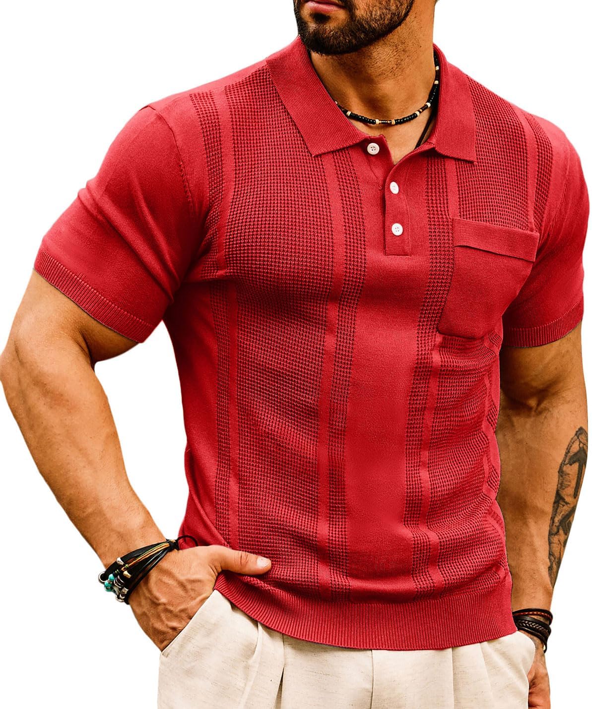 Mens Knit Polo Shirts Short Sleeve Lightweight Waffle Golf Sweater