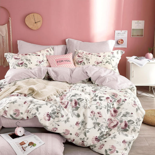 Vintage 100% Cotton Duvet Cover Set in Dusty Rose & Gray
