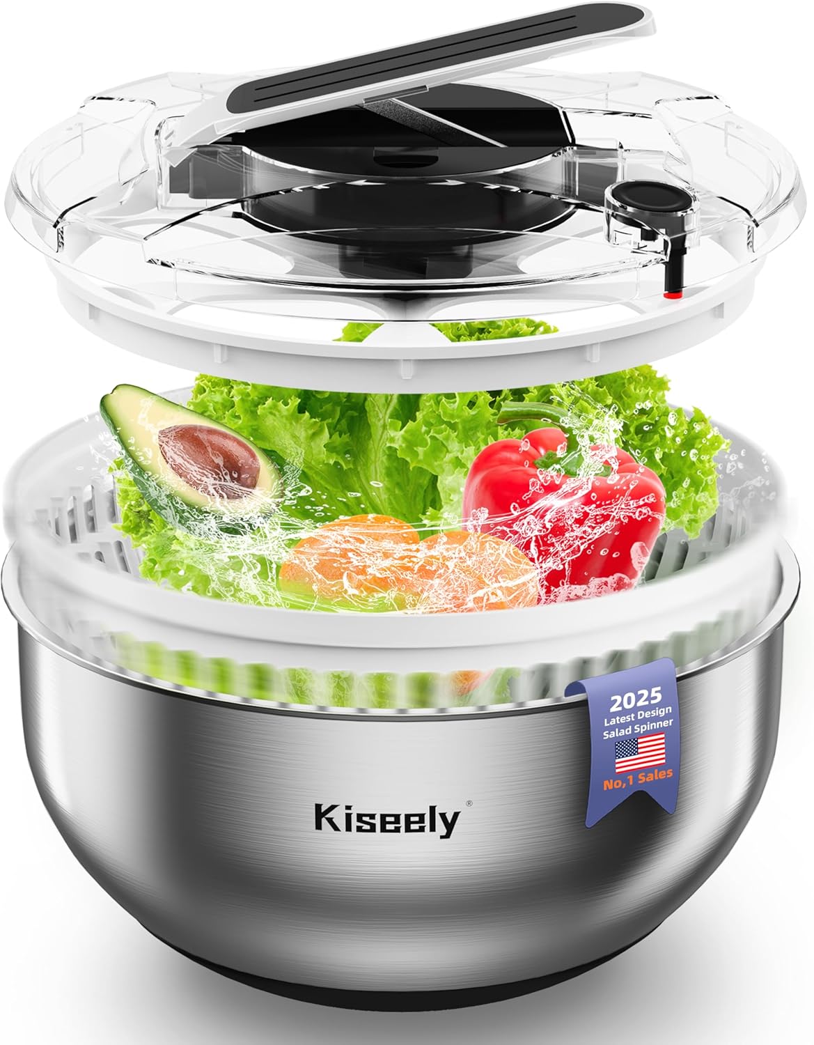 Easy Press Stainless Steel Salad Spinner - Dry Your Greens Fast!