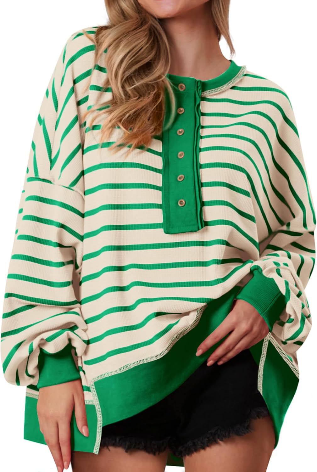 Oversized Striped Sweatshirt for Women - Cozy Waffle Knit Top