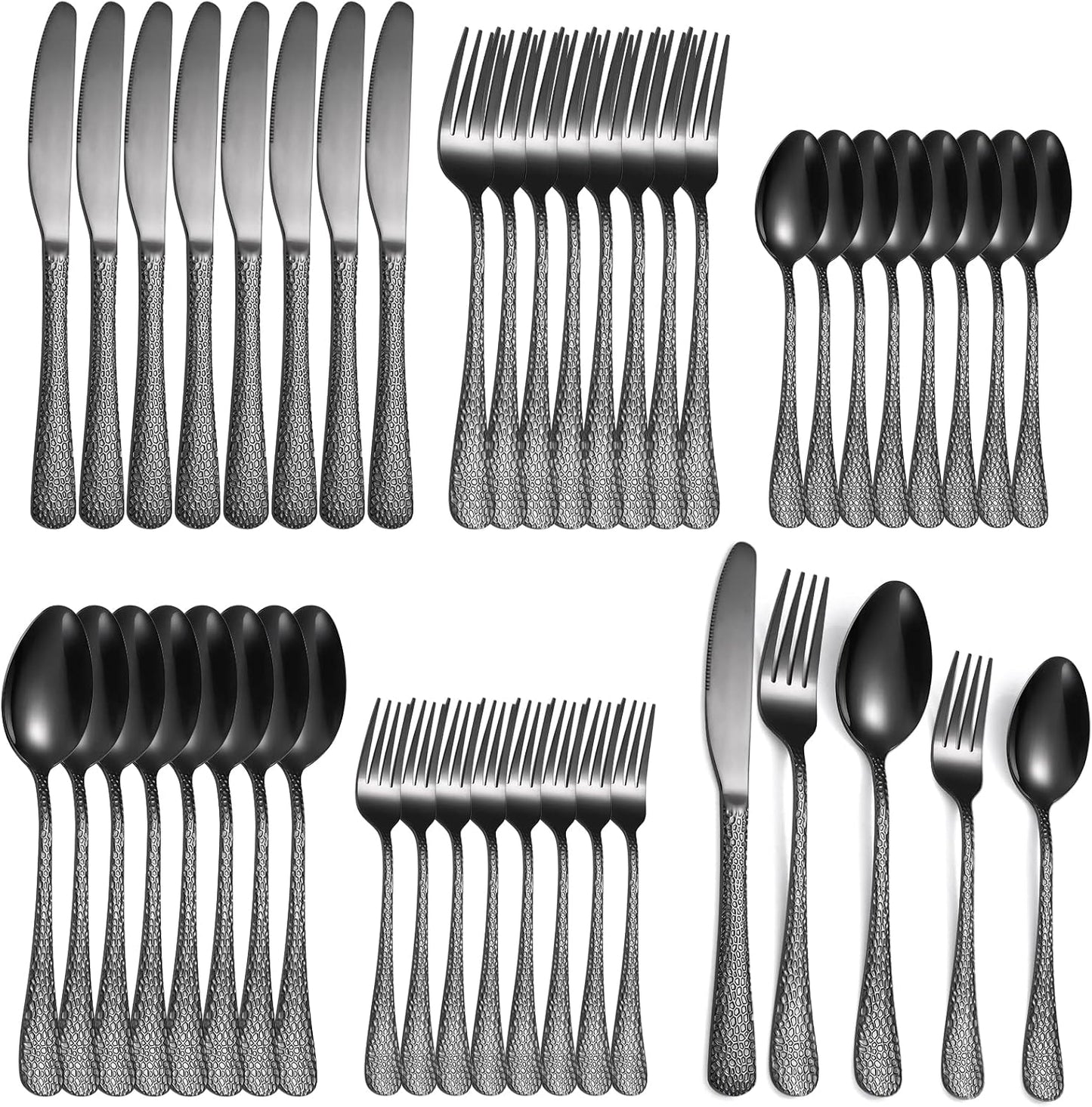 Black Hammered Silverware Set 40 Piece Vintage Flatware for 8