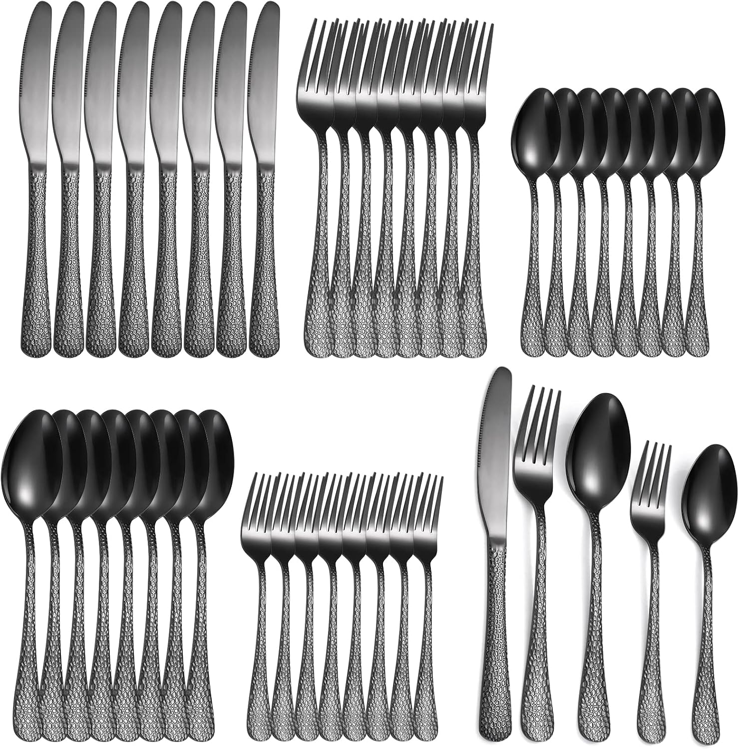 Black Hammered Silverware Set 40 Piece Vintage Flatware for 8