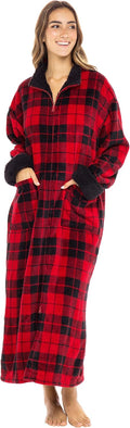 Long Zip Up Robe for Women, Plus Size Red Black Plaid - Plush Warmth