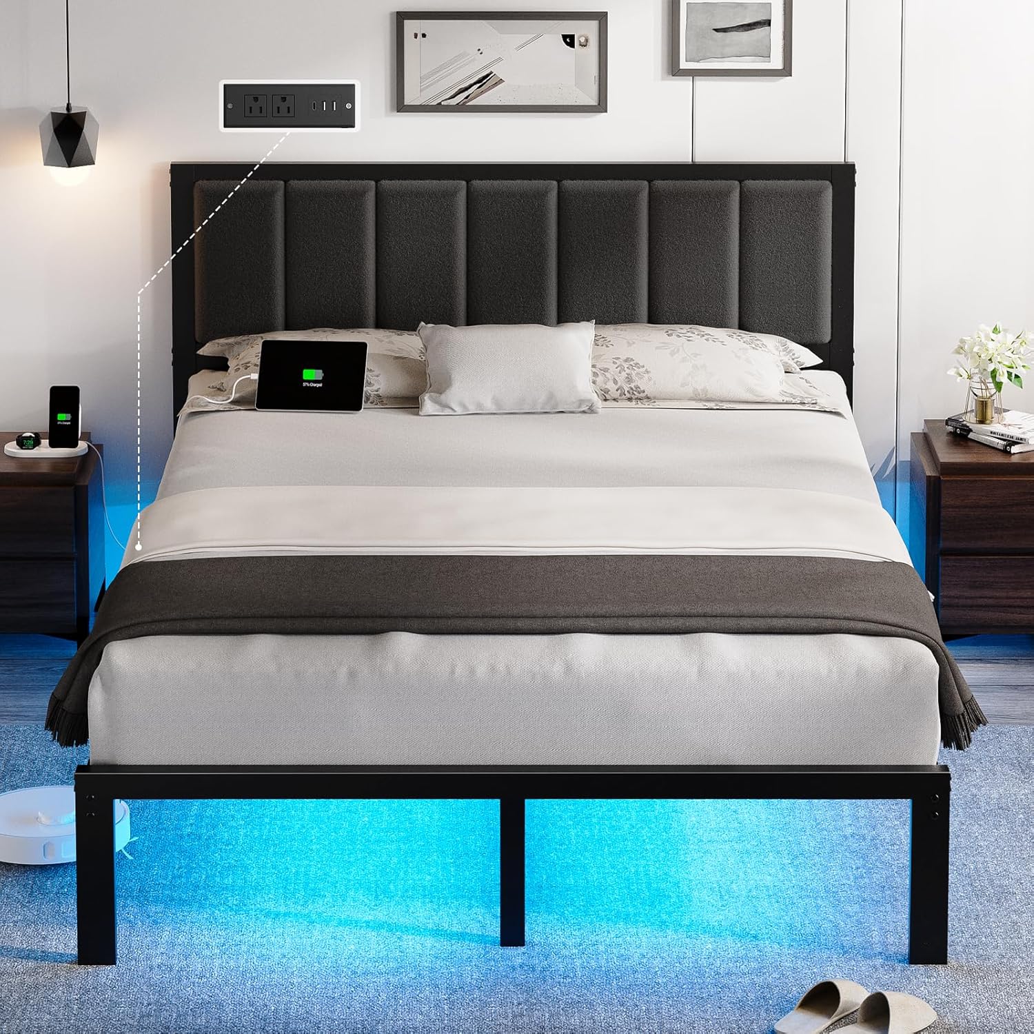 OLEVS Queen Bed Frame with USB Charging and LED Lights