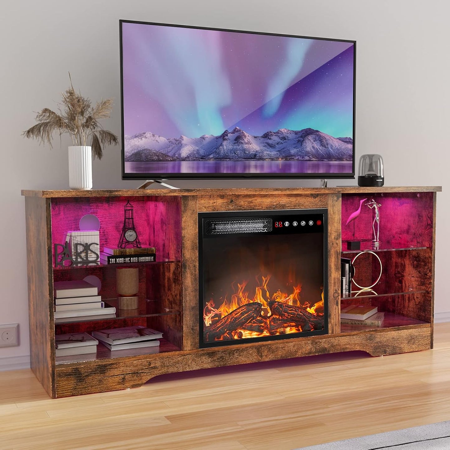 Modern Fireplace TV Stand: 18'' Fire, Fits 65'' TVs, Adjustable Shelves, Storage, TAVATA