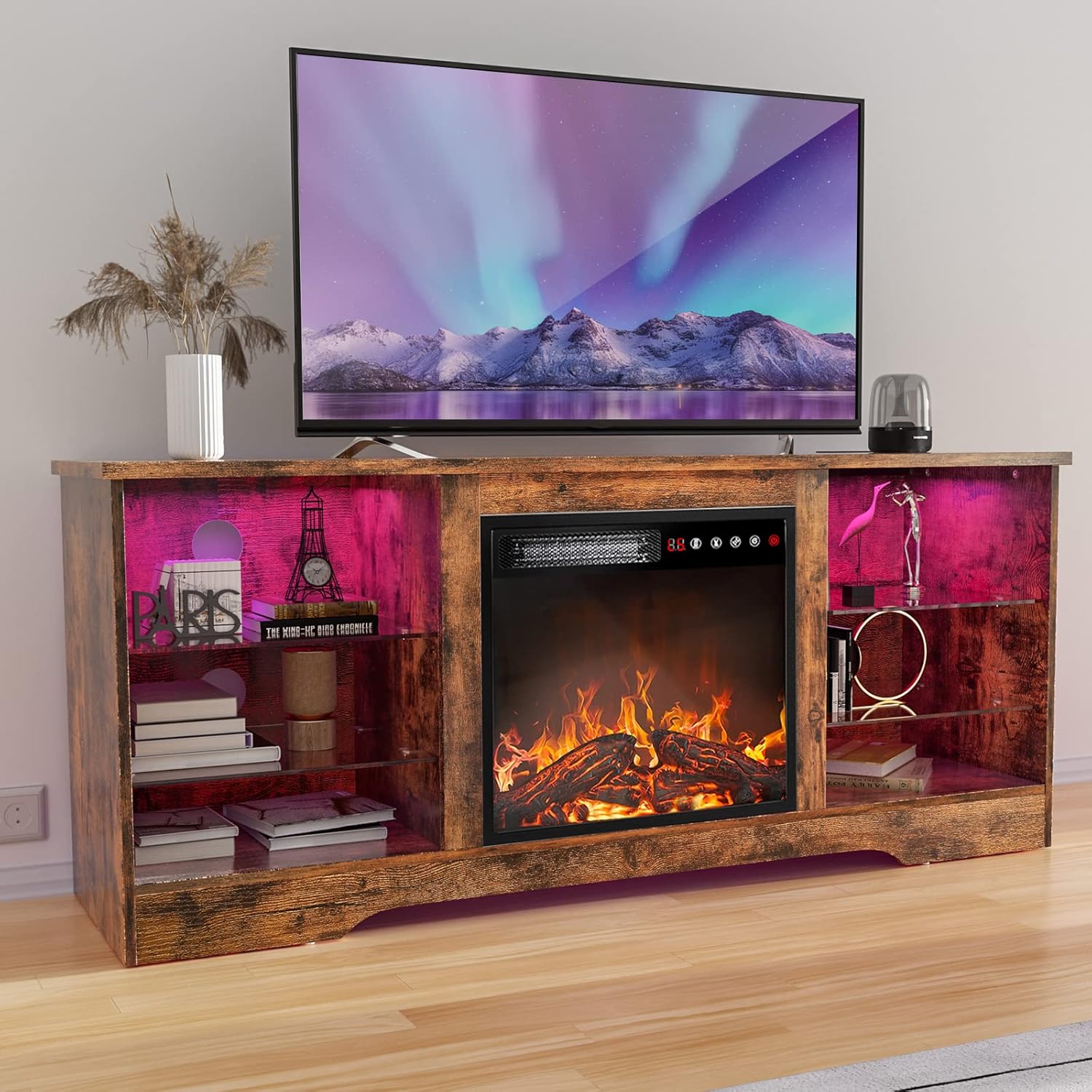 Modern Fireplace TV Stand: 18'' Fire, Fits 65'' TVs, Adjustable Shelves, Storage, TAVATA