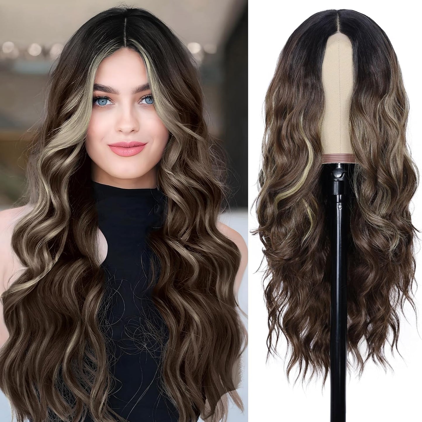 NAYOO Long Brown Mixed Blonde Wavy Wig for Women - 26 Inch Style