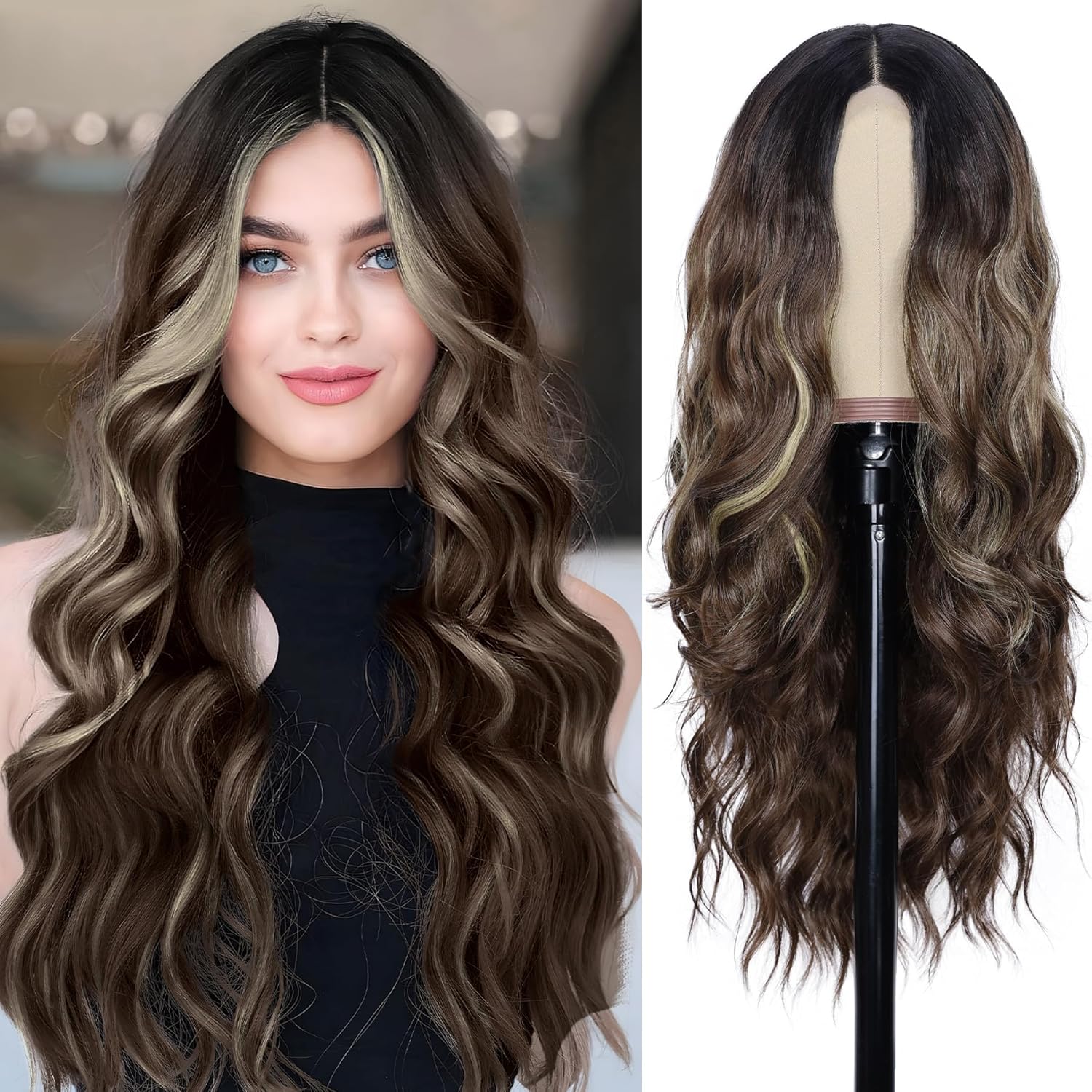 NAYOO Long Brown Mixed Blonde Wavy Wig for Women - 26 Inch Style