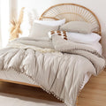 Queen Comforter Set Oatmeal with Ball Pom Fringe - Soft All-Season
