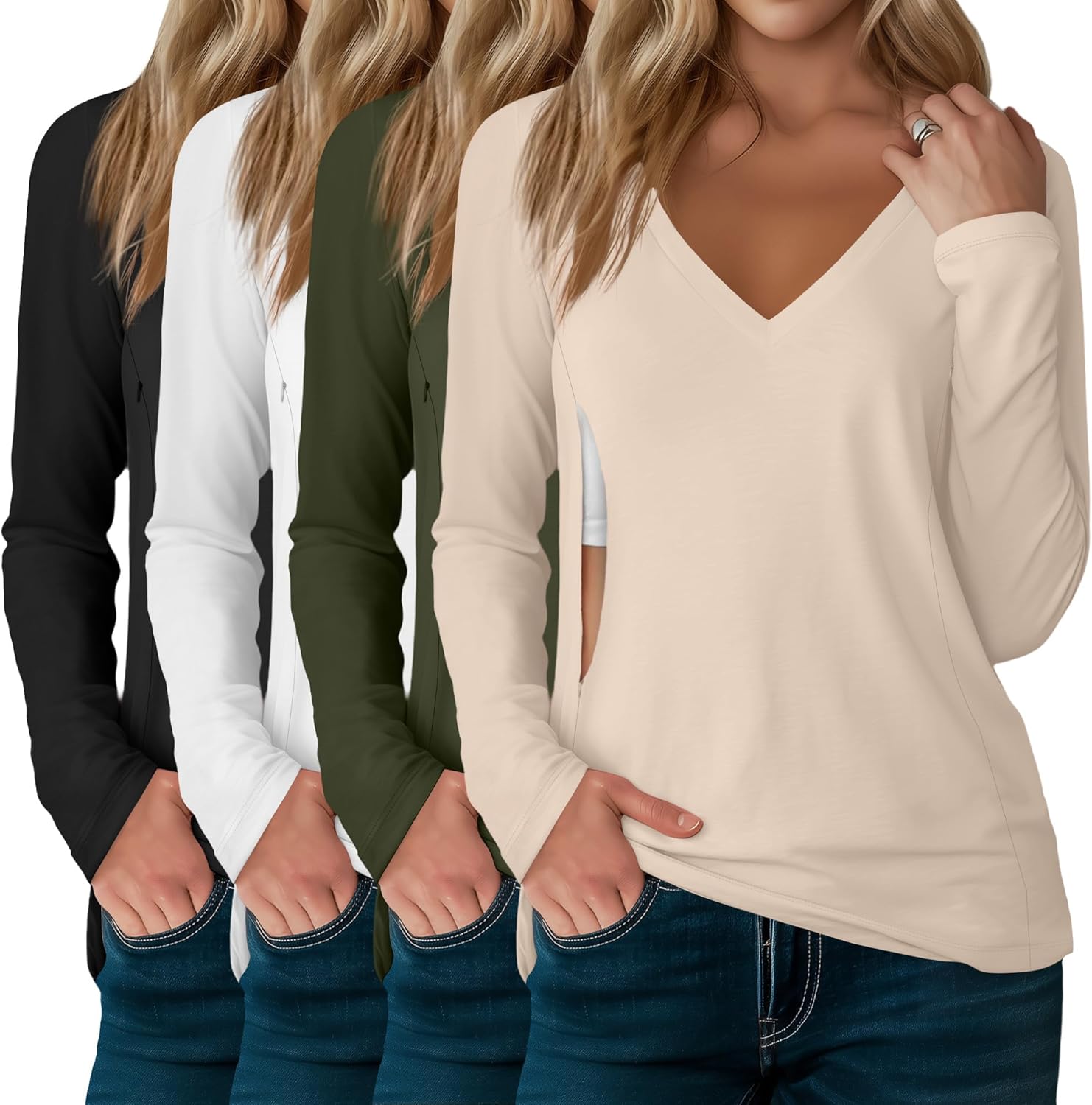 4 Pack Women's Long Sleeve Nursing Shirts for Breastfeeding