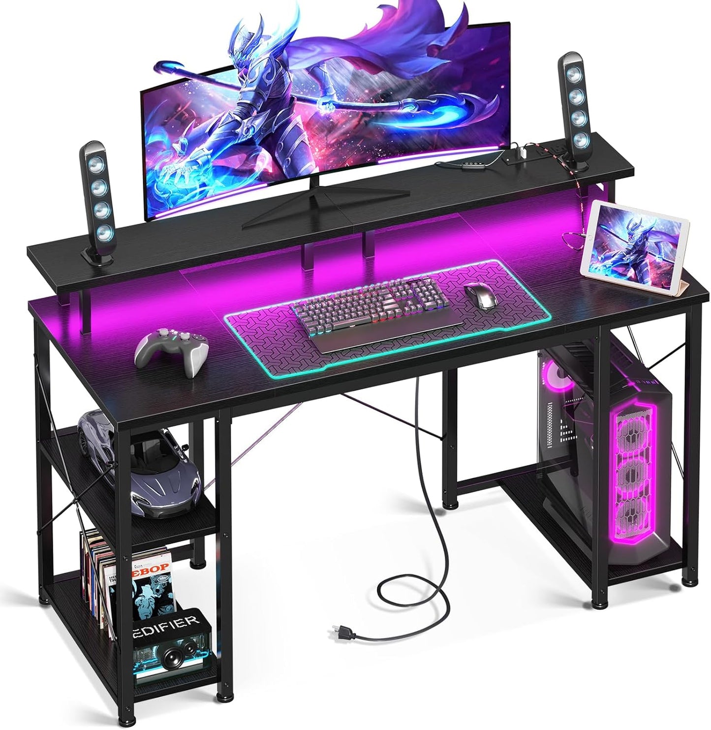ODK 48 Gaming Desk: LED Lights, Power Outlets, Storage - Black