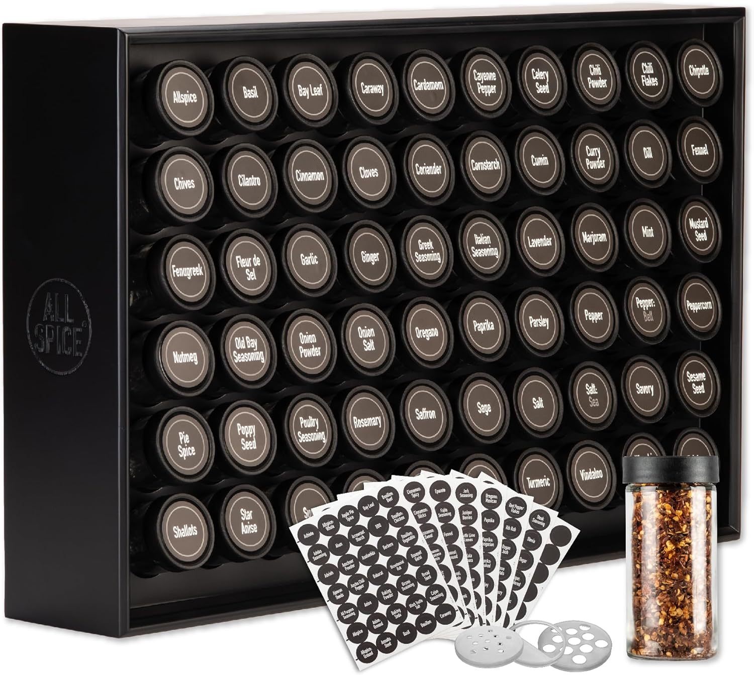AllSpice Wooden Spice Rack Organizer with 60 Jars and Labels
