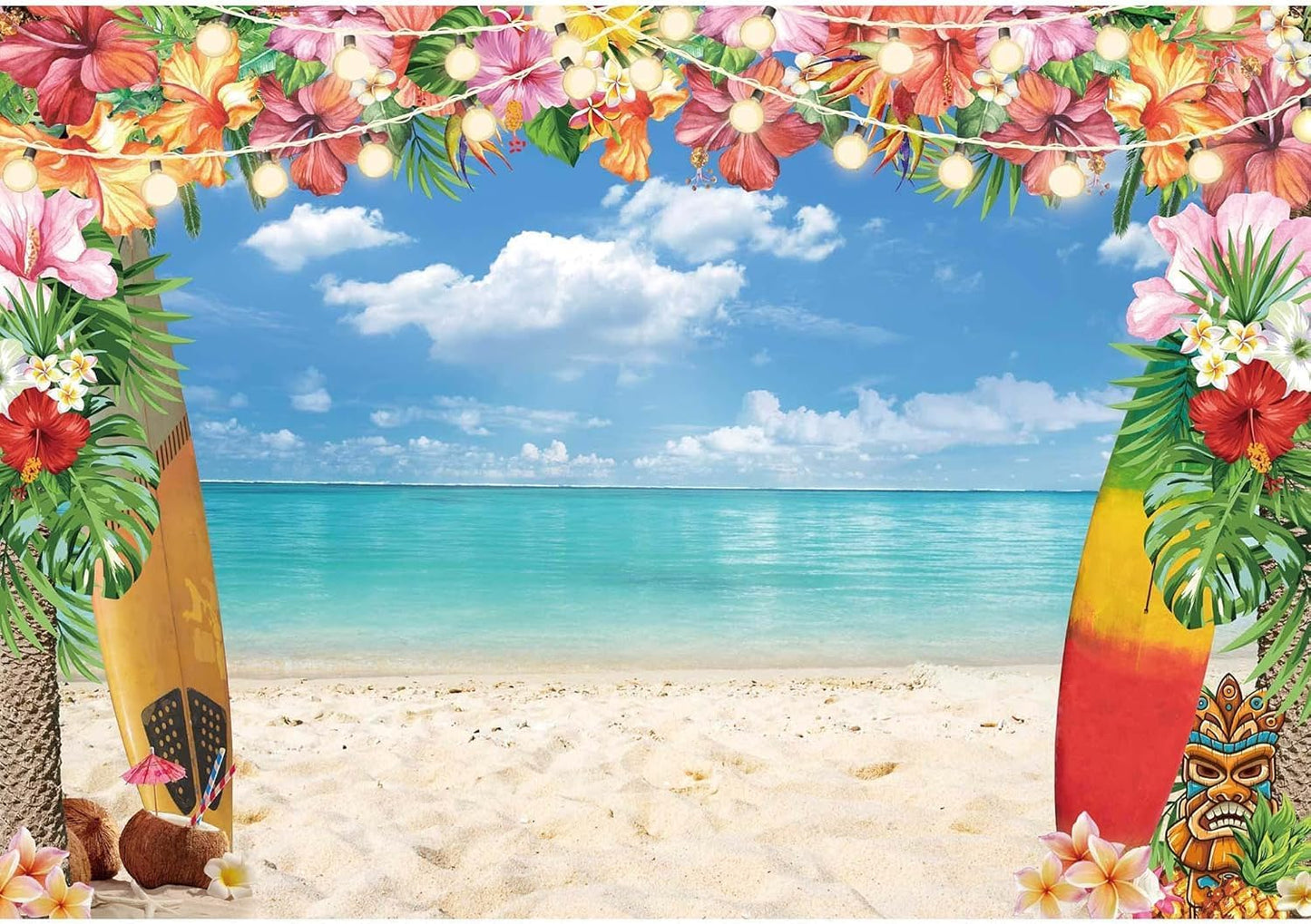 12X8FT Hawaiian Luau Beach Backdrop for Tropical Party Decor