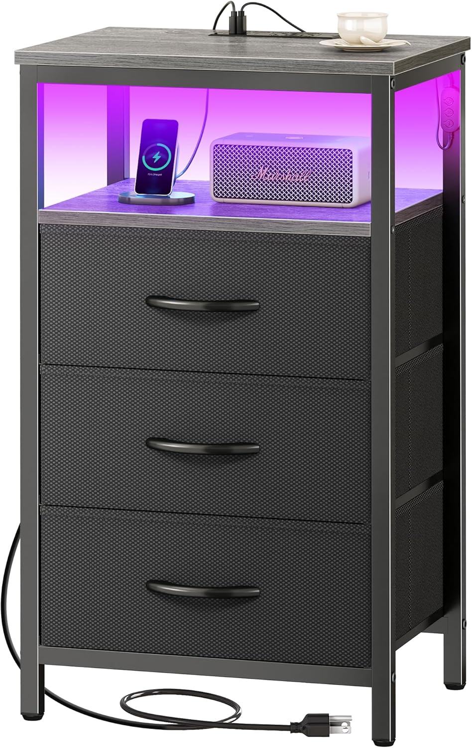 Huuger Night Stand with Charger Station and LED Lights for Bedroom