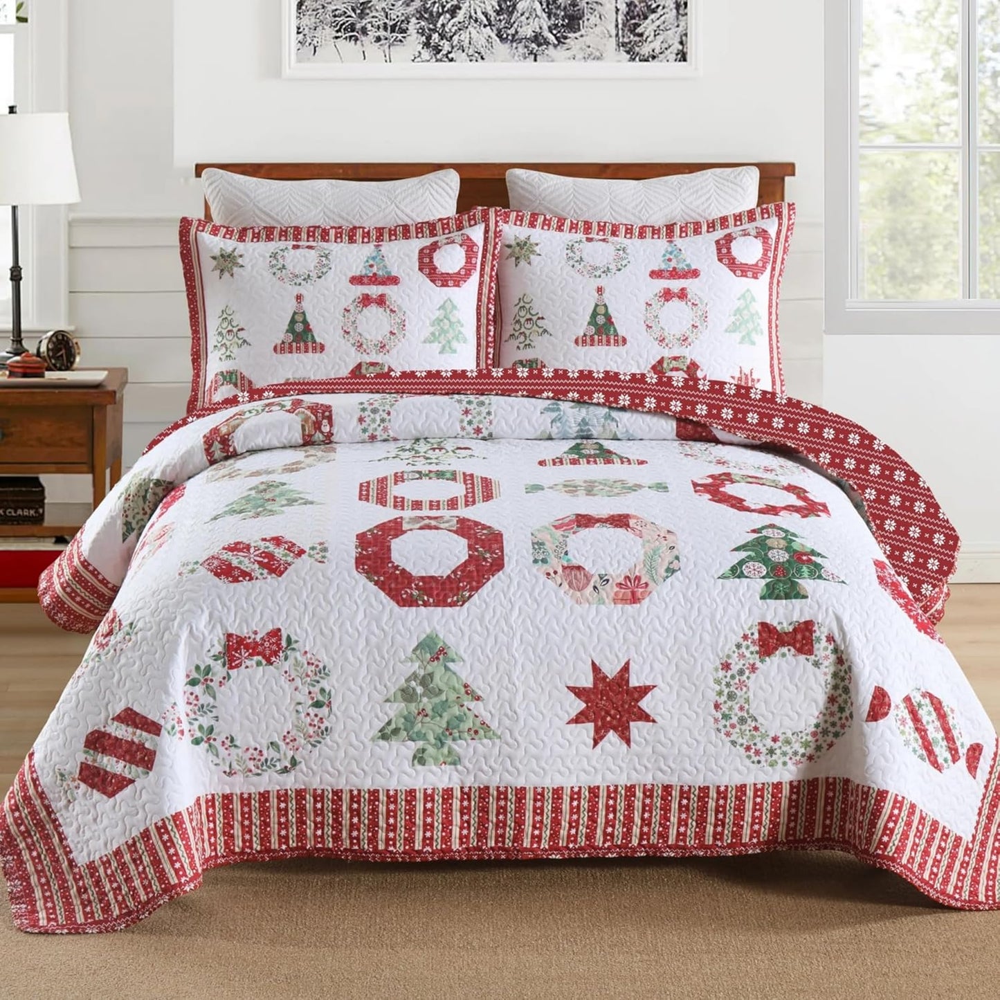 MarCielo 3 Piece Christmas Quilt Set for Cozy Holiday Decor