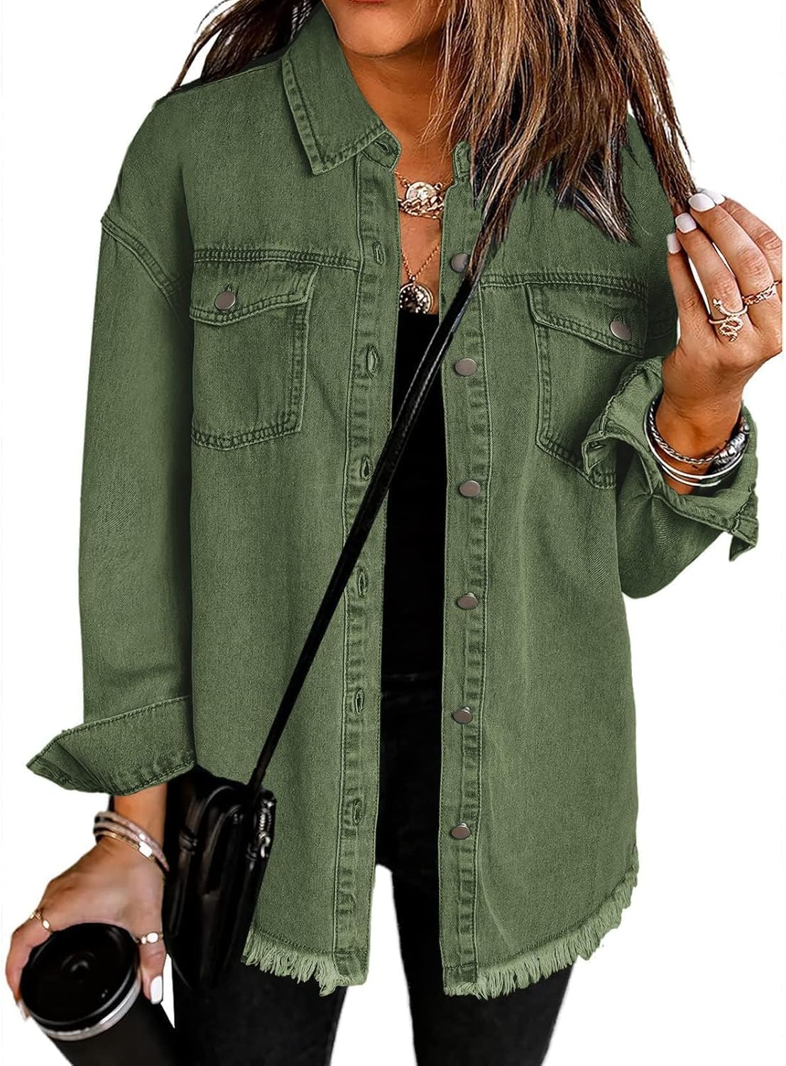 Oversized Button Up Frayed Hem Shacket for Women - Denim Jacket