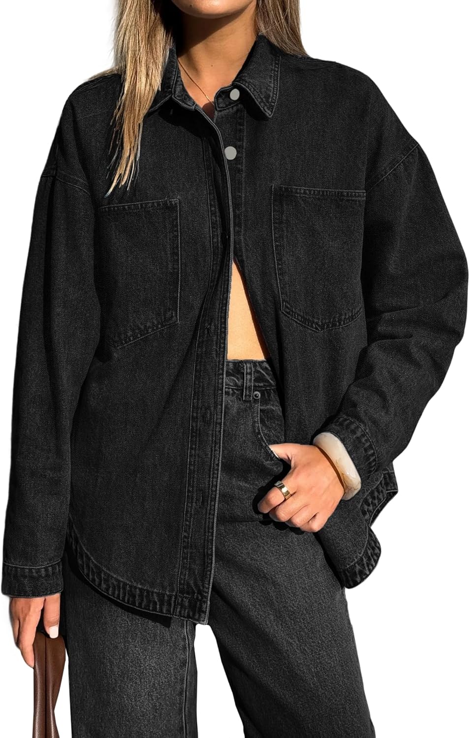 EMMIOL Women Denim Shirts Oversized Long Sleeve Button Down Blouse