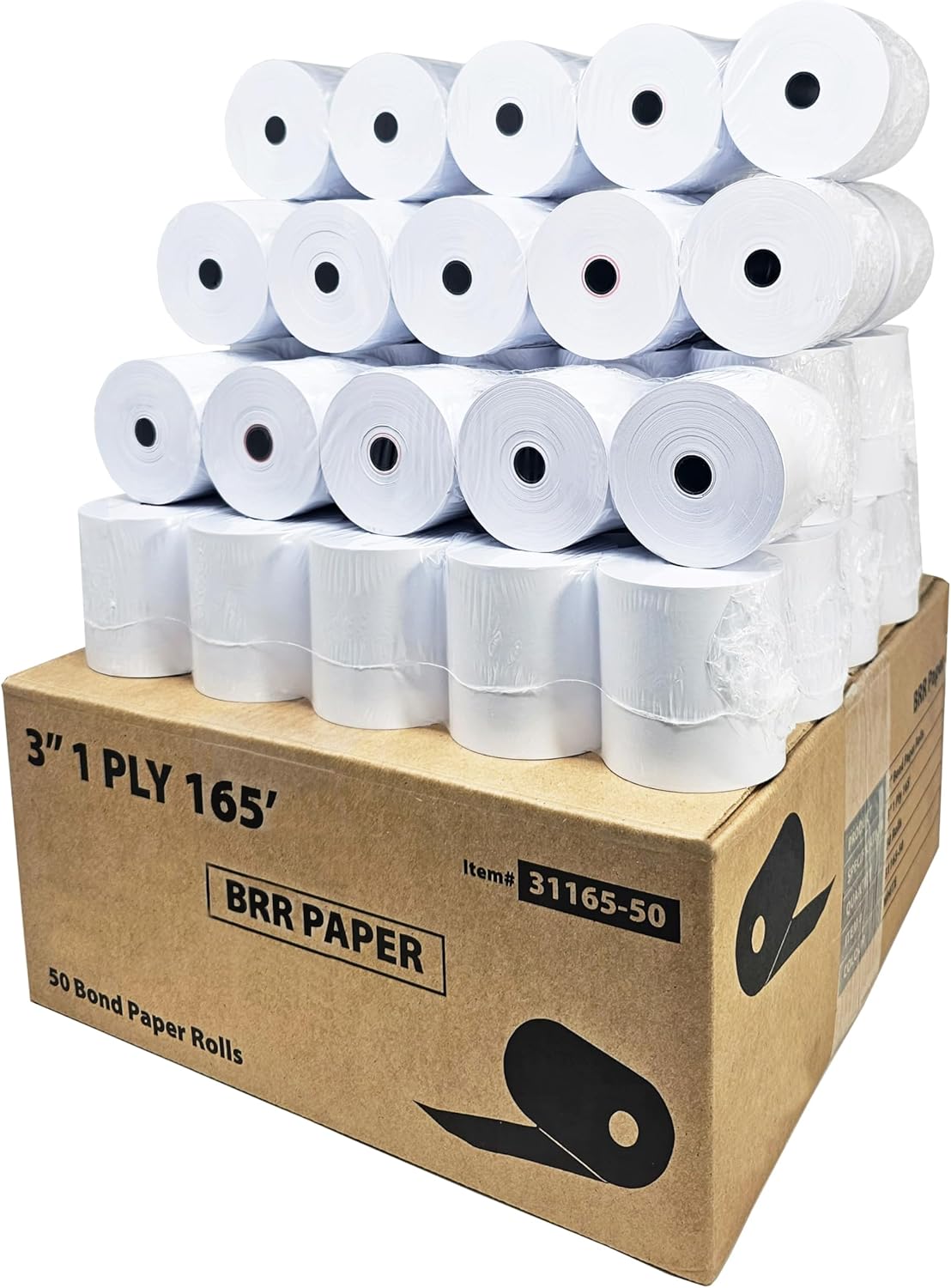 3 Inch 1-Ply x 165ft Paper Rolls for Kitchen Printers - 50 Rolls