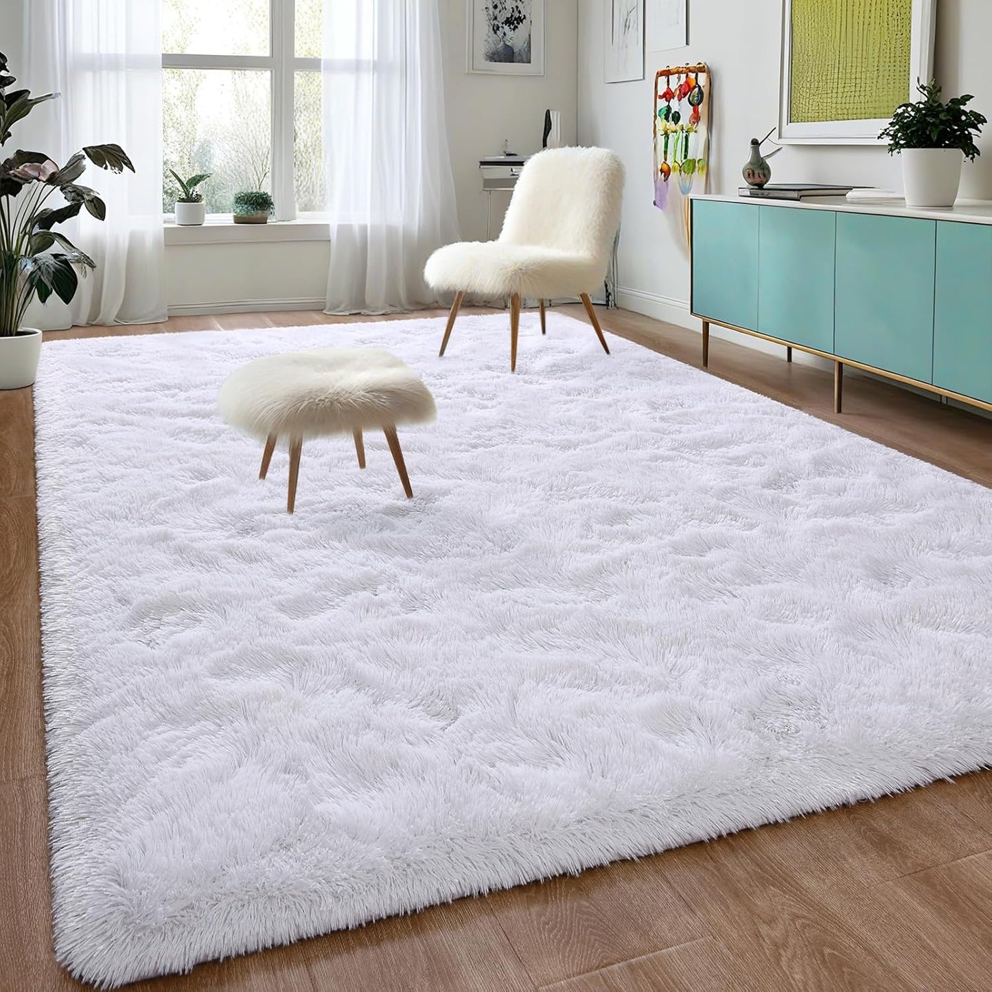 DweIke Fluffy White Rugs for Bedroom Living Room, 5x8 Feet