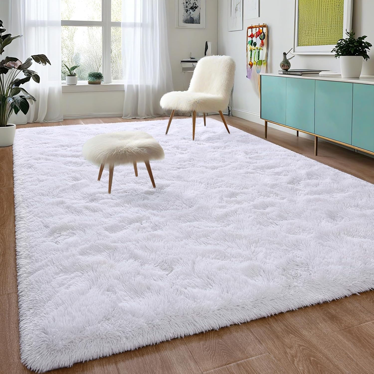 DweIke Fluffy White Rugs for Bedroom Living Room, 5x8 Feet