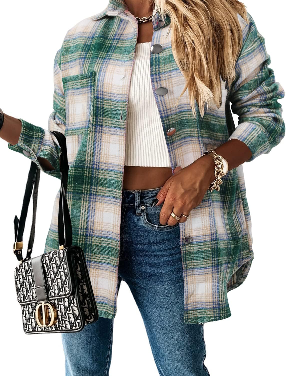 StunShow Women Plaid Shirt Button Down Flannel Shacket Trendy