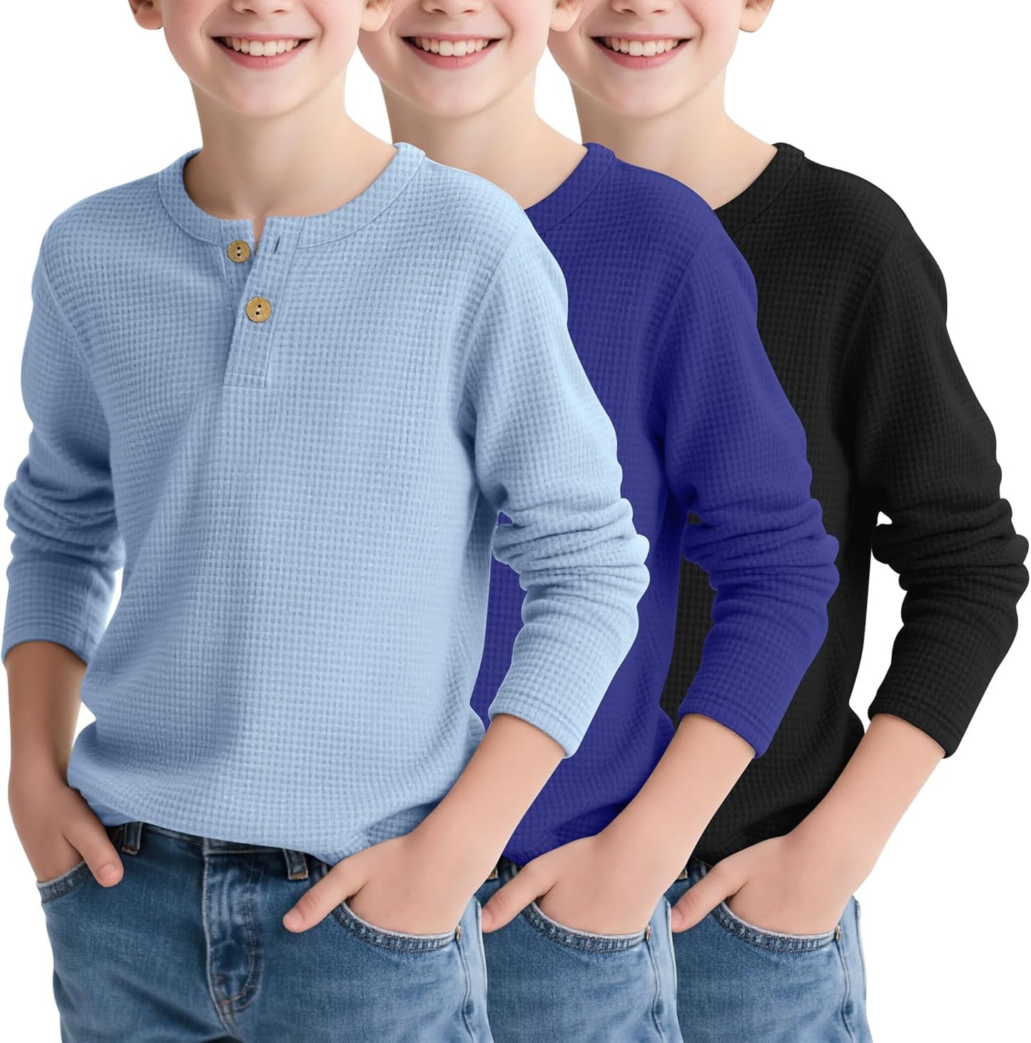 Boy's Henley Long Sleeve Shirts - 3 Pack Waffle Thermal Tops