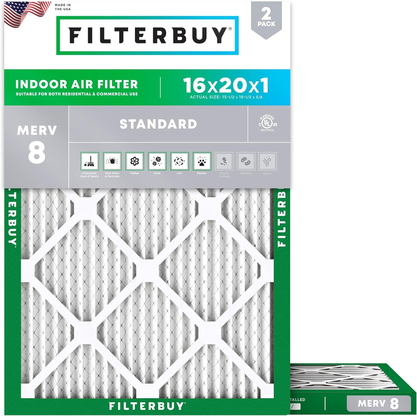 Filterbuy MERV 8 16x20x1 Air Filter 2-Pack - Dust Defense!