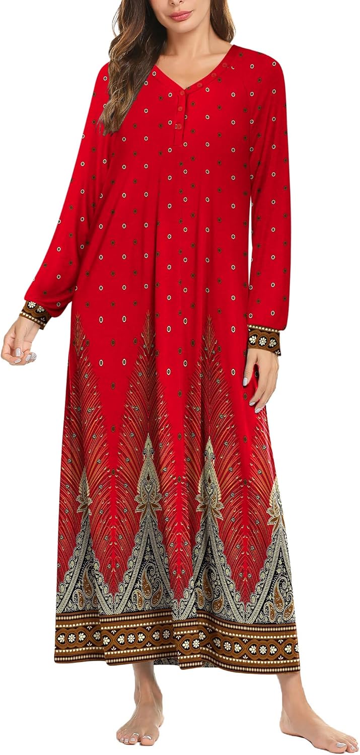 Ekouaer Nightgown Long Sleeve Sleepwear V Neck Loungewear
