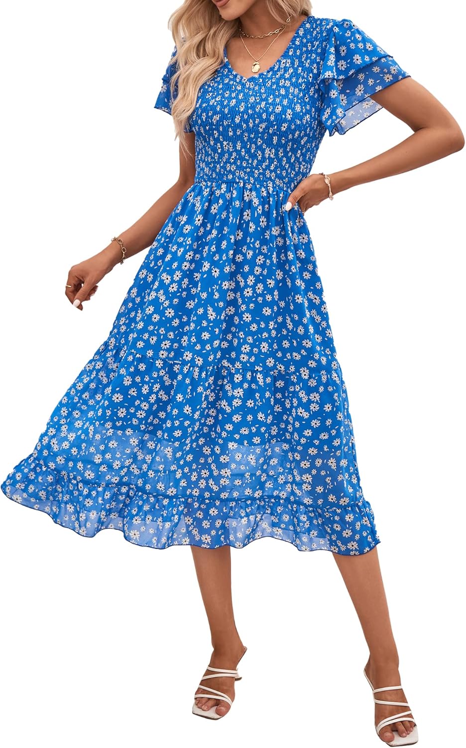 BTFBM Women Casual Summer Short Ruffles Tiered Sleeve Midi Dress