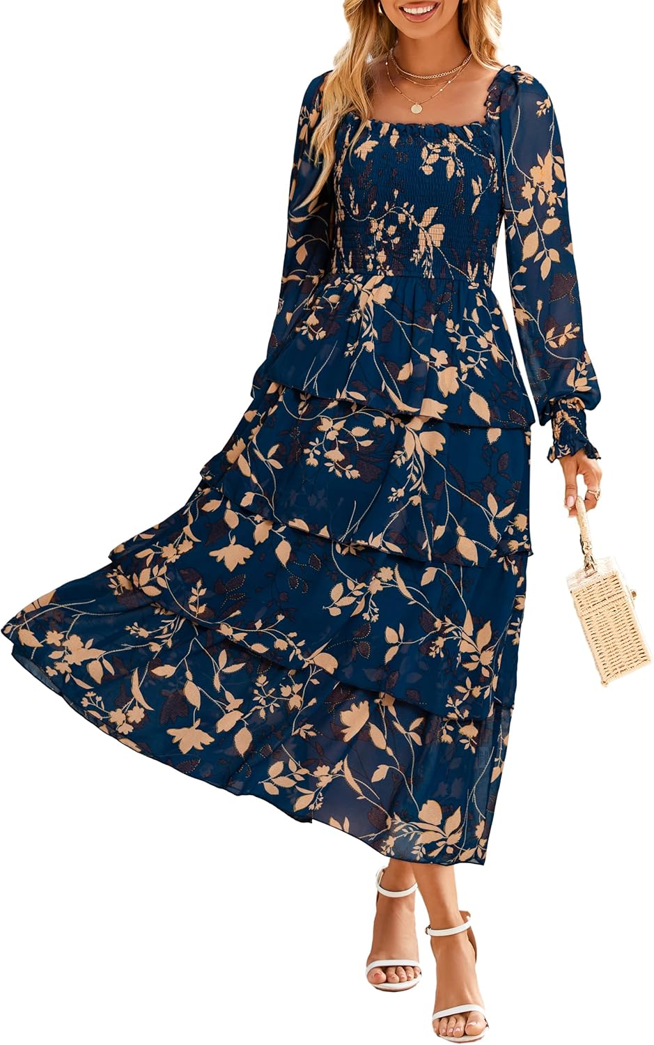 Floral Wedding Guest Dress for Women - Long Sleeve Boho Maxi