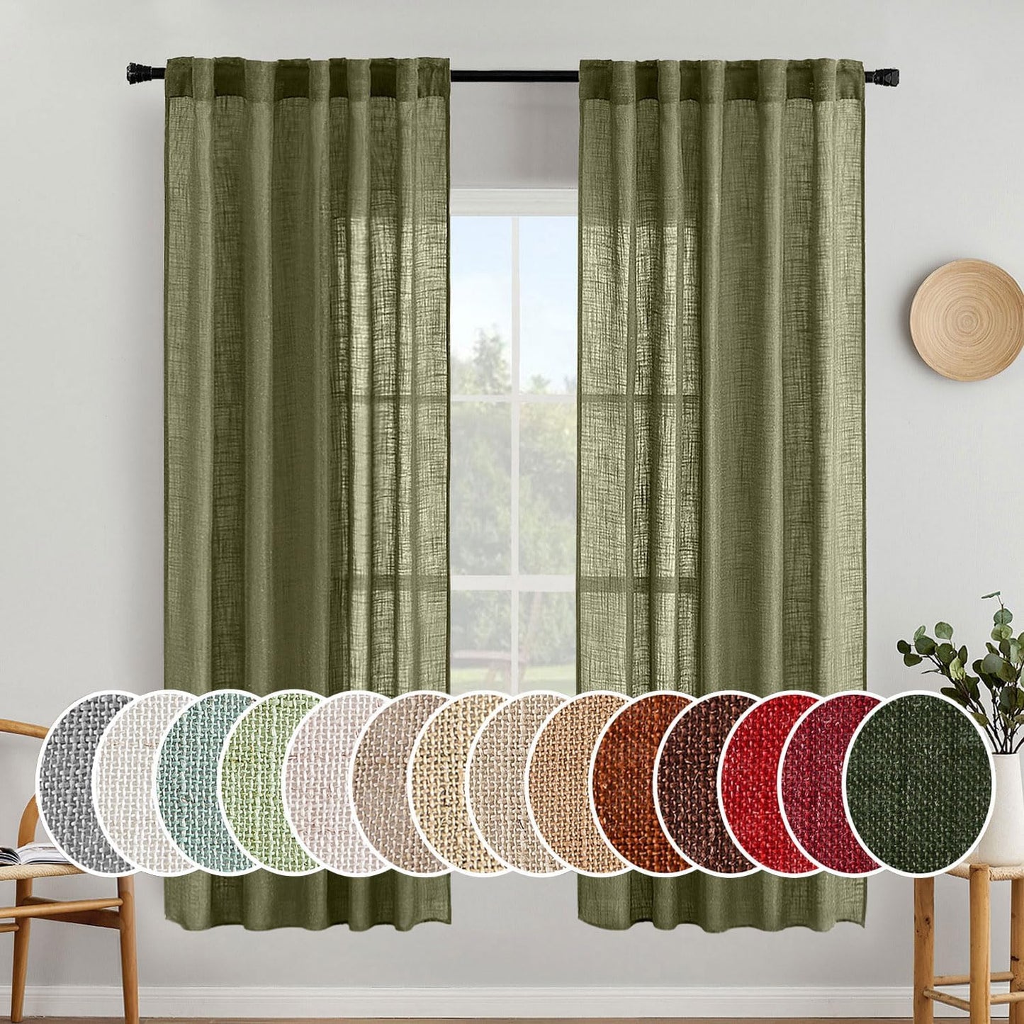 MIULEE Light Olive Green Linen Curtains for Bedroom Living Room