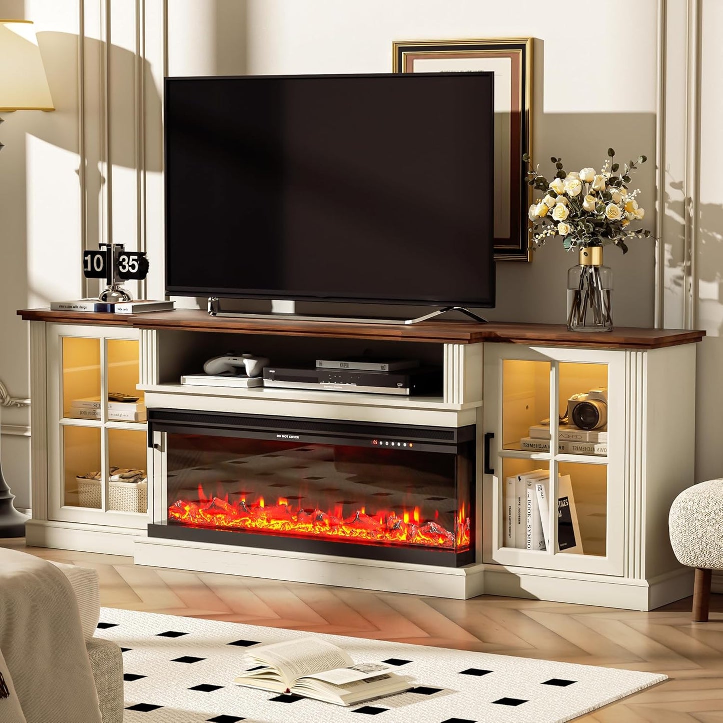 Farmhouse Highboy TV Stand with 34 Fireplace - AHB 70 - Stylish Entertainment Center