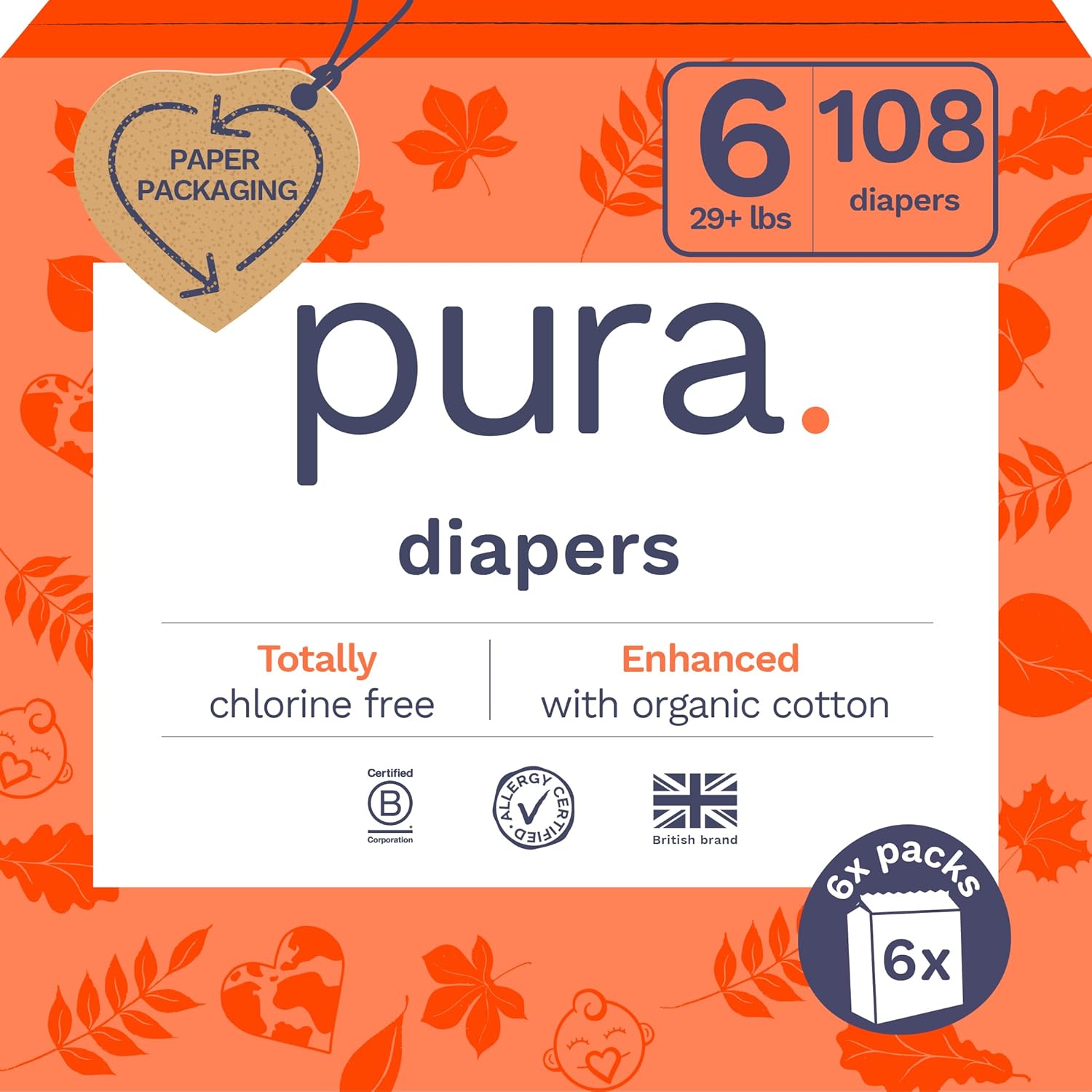 Pura Size 6 Eco-Diapers: Chlorine Free, Hypoallergenic, Organic Cotton, 12H Leak Protection