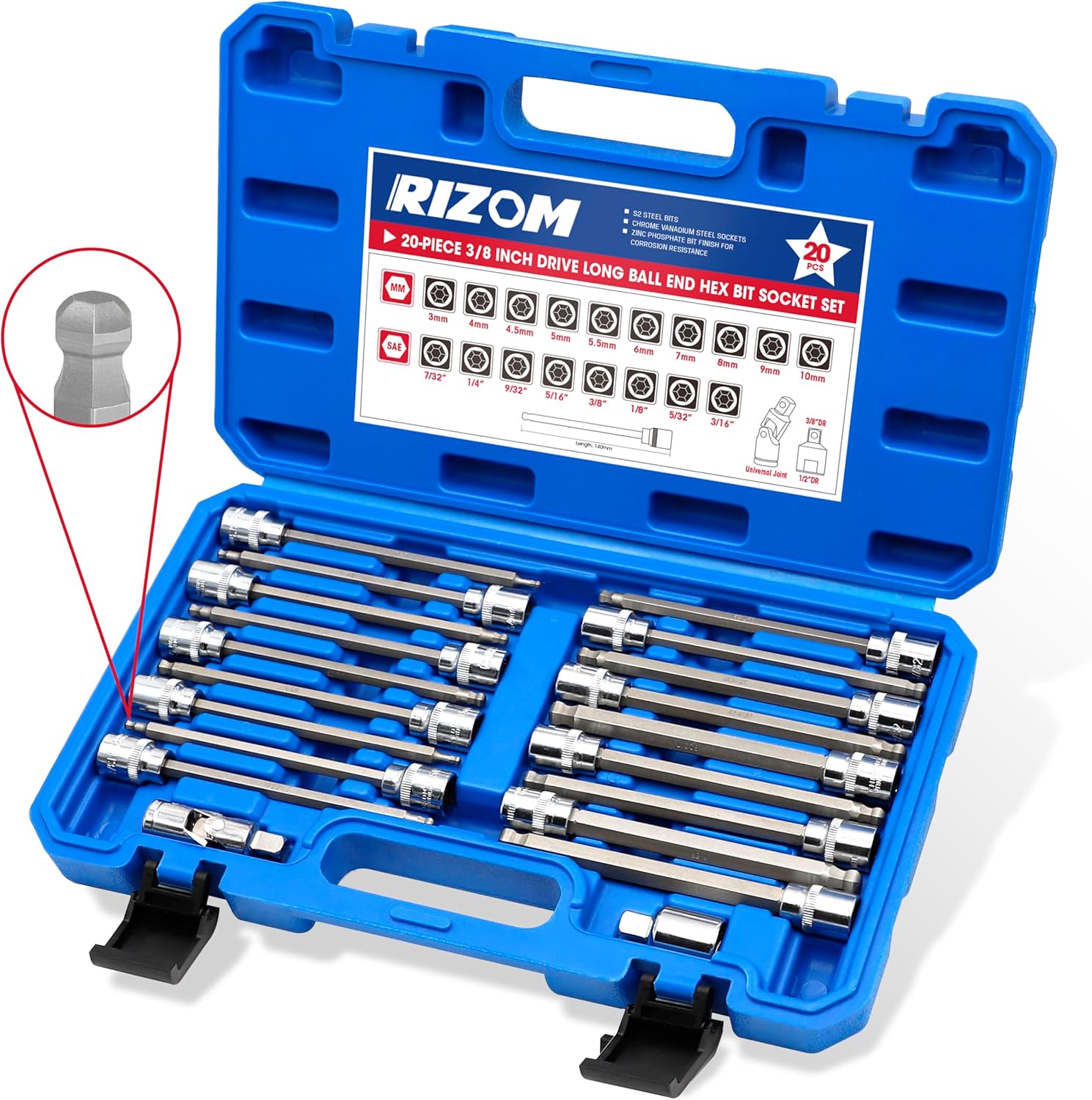 RIZOM 20-Piece Long Ball End Hex Bit Socket Set for All Needs
