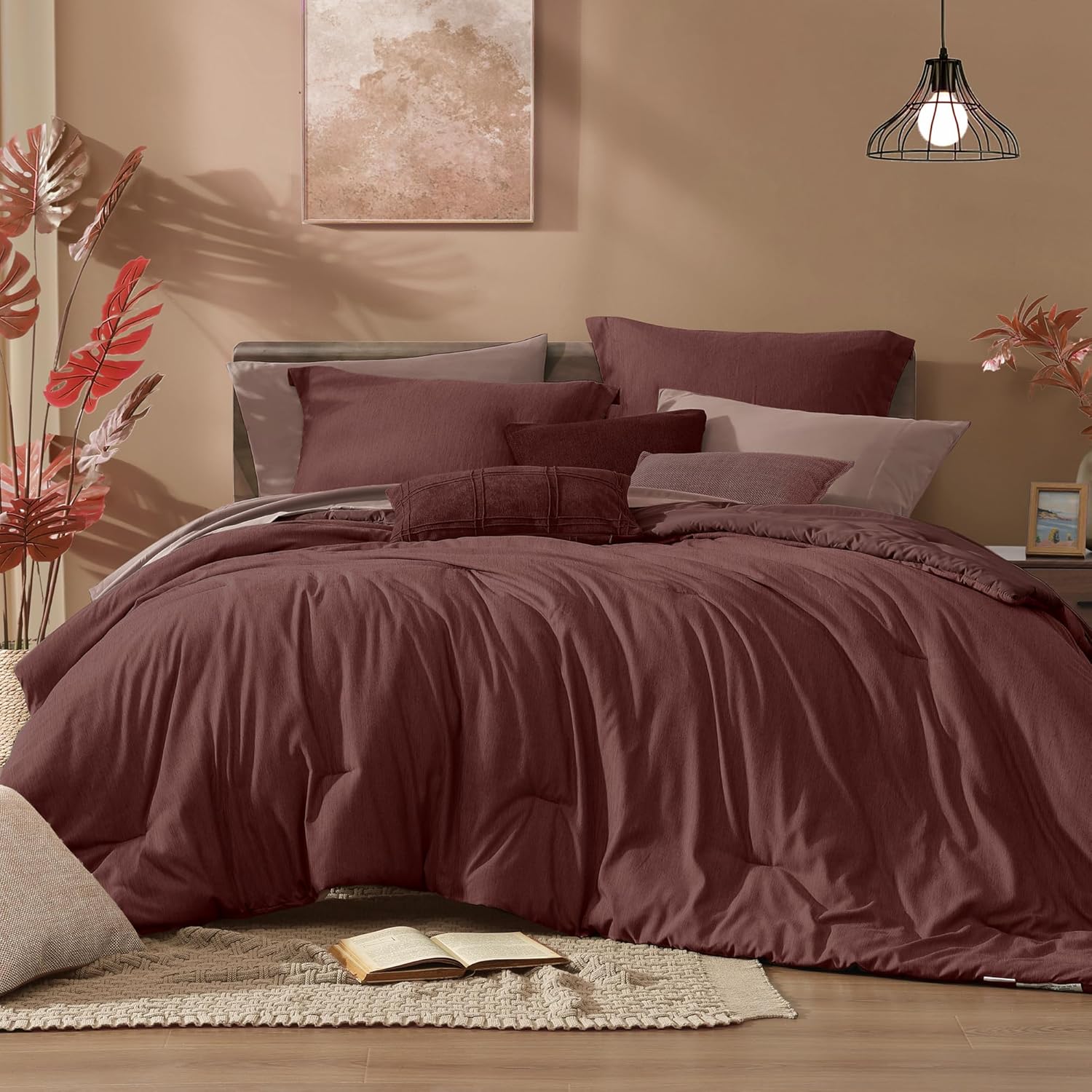 Monbix Full Size Comforter Set for Cozy Dark Red Bedding