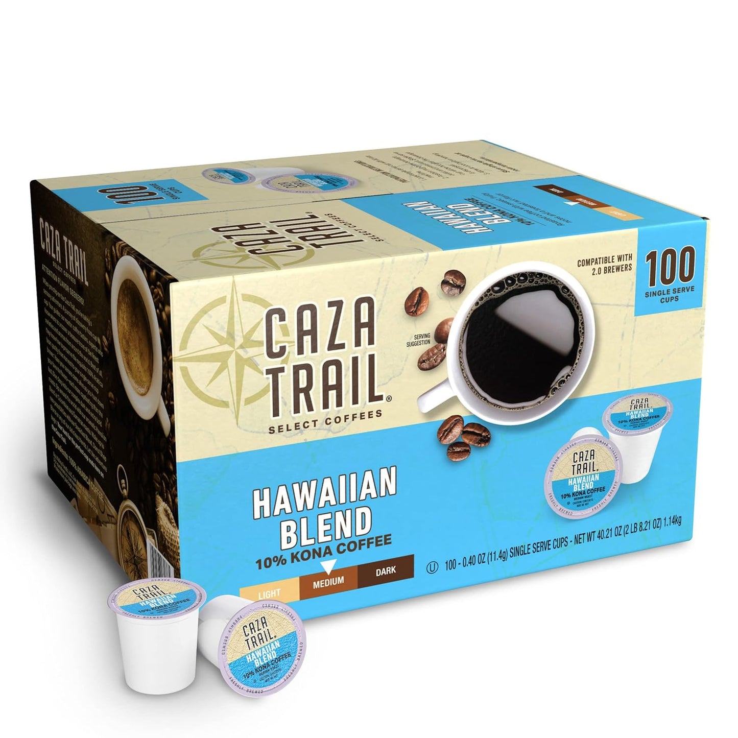 Caza Trail Kona Blend Coffee - 100 Single Serve Cups for Flavor