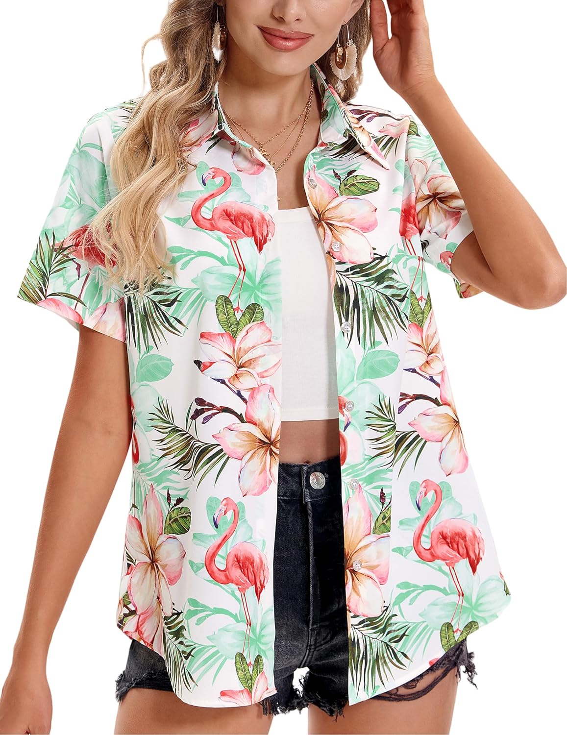 Womens Hawaiian Shirt Soft Cool Summer Floral V Neck T-Shirt